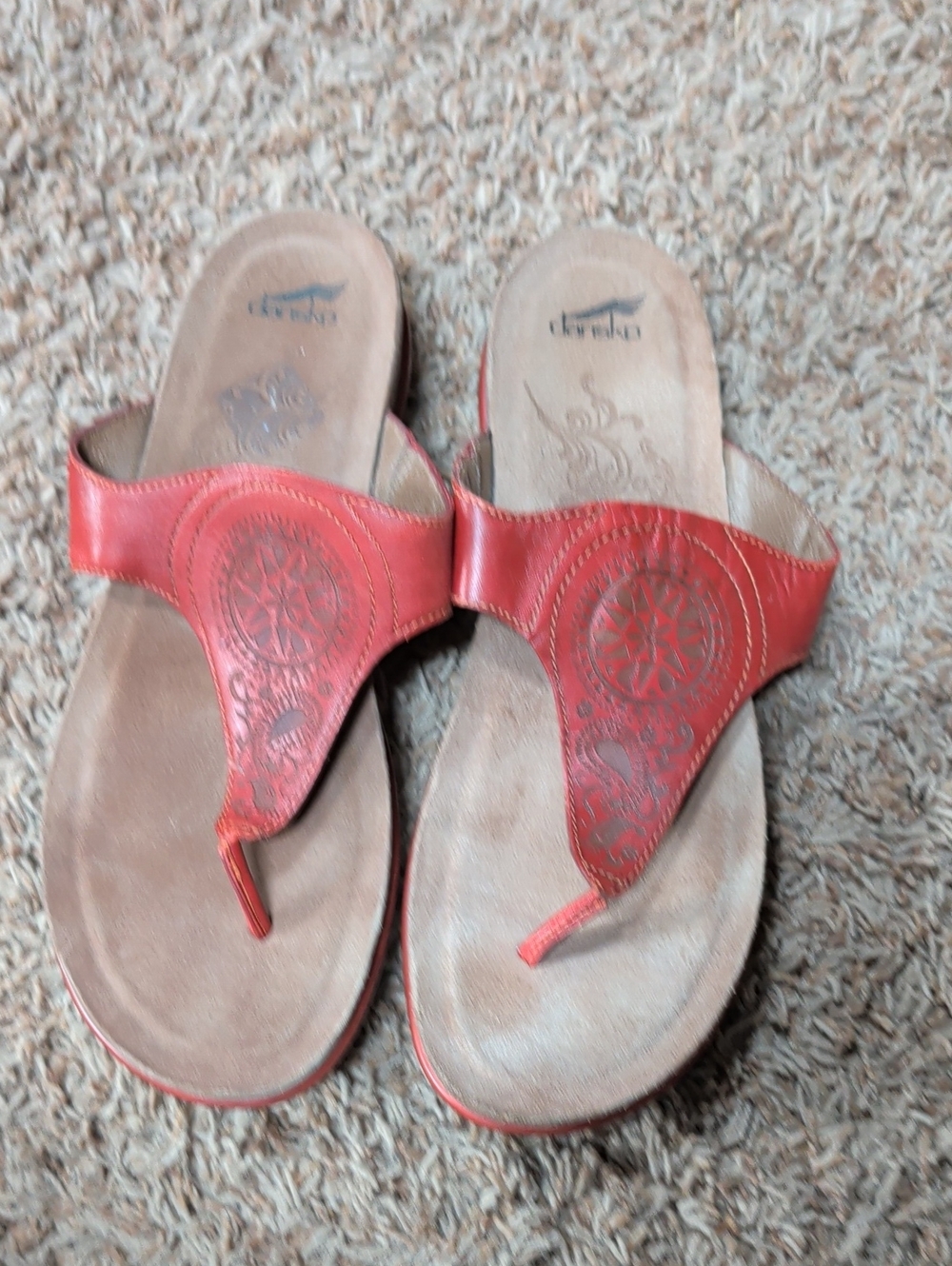 Dansko Red Leather Embossed Thong Sandals